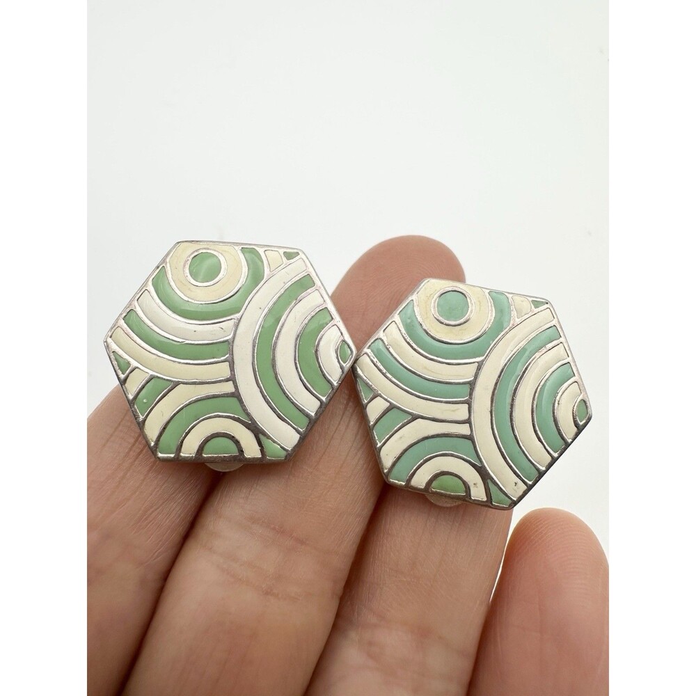 Sterling Silver Enamel Earrings Retro Geometric Clip On 925 White Green